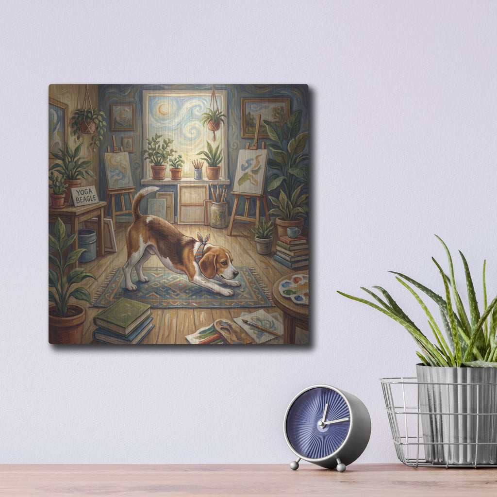 'Beagle Yoga Downward Dog' by Rich Monet Metal Wall Art