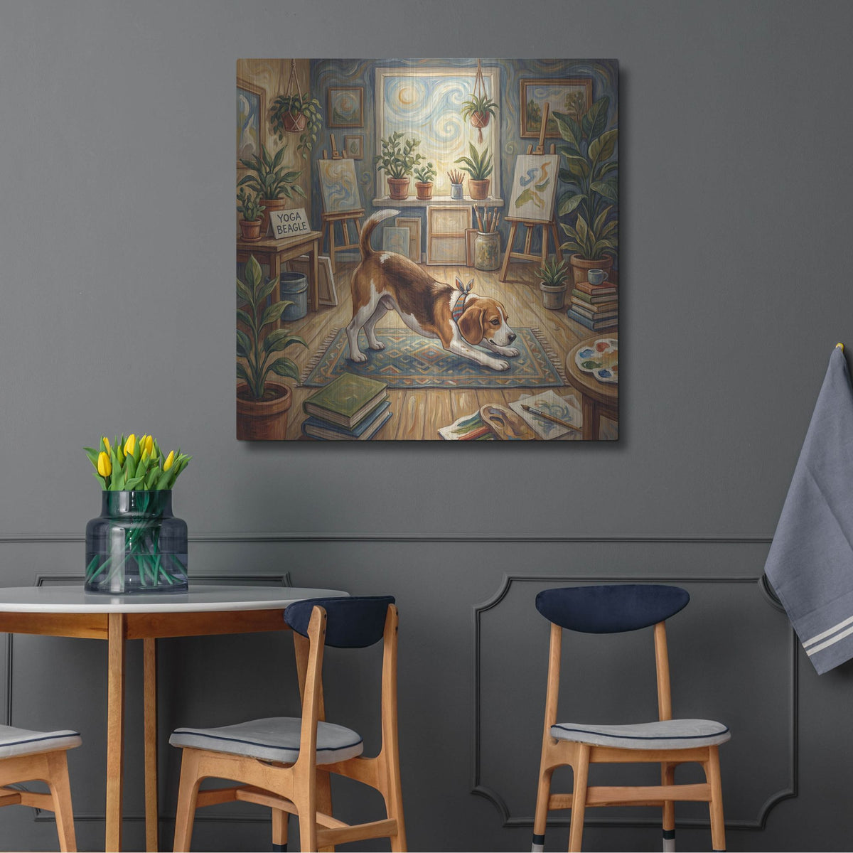 'Beagle Yoga Downward Dog' by Rich Monet Metal Wall Art