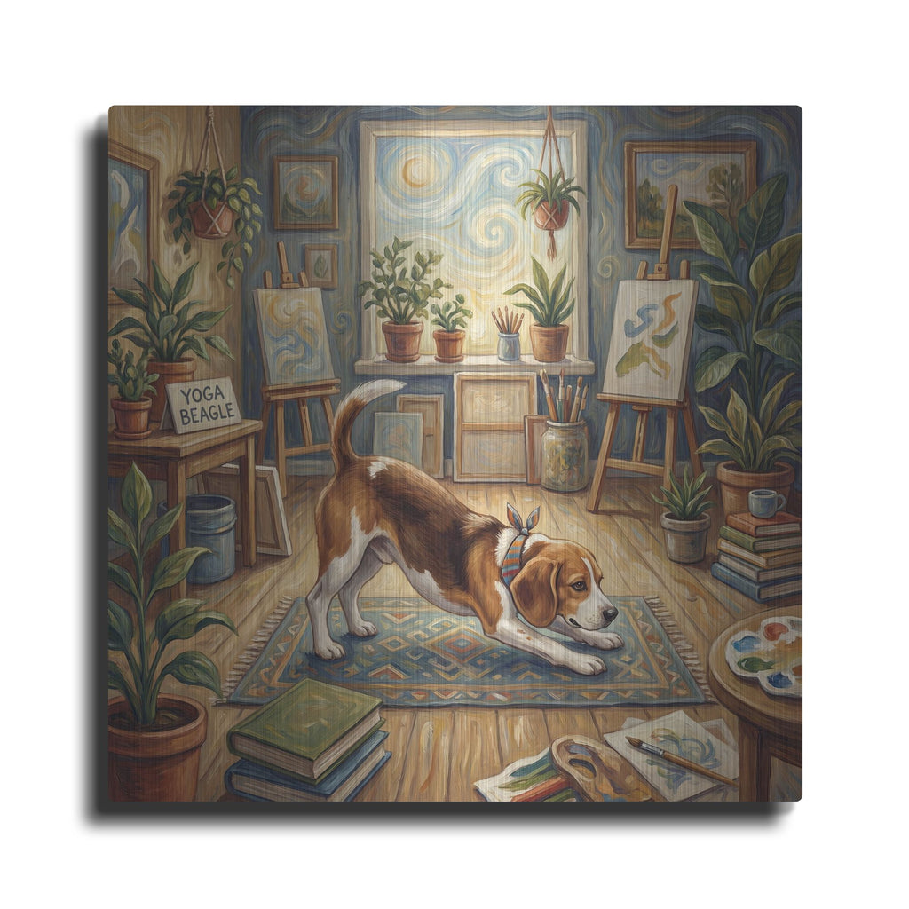 'Beagle Yoga Downward Dog' by Rich Monet Metal Wall Art