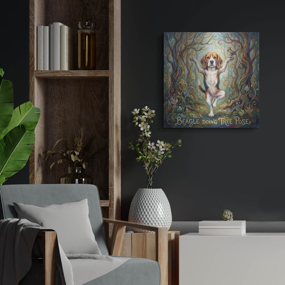 'Beagle Yoga Tree Pose' by Rich Monet Metal Wall Art