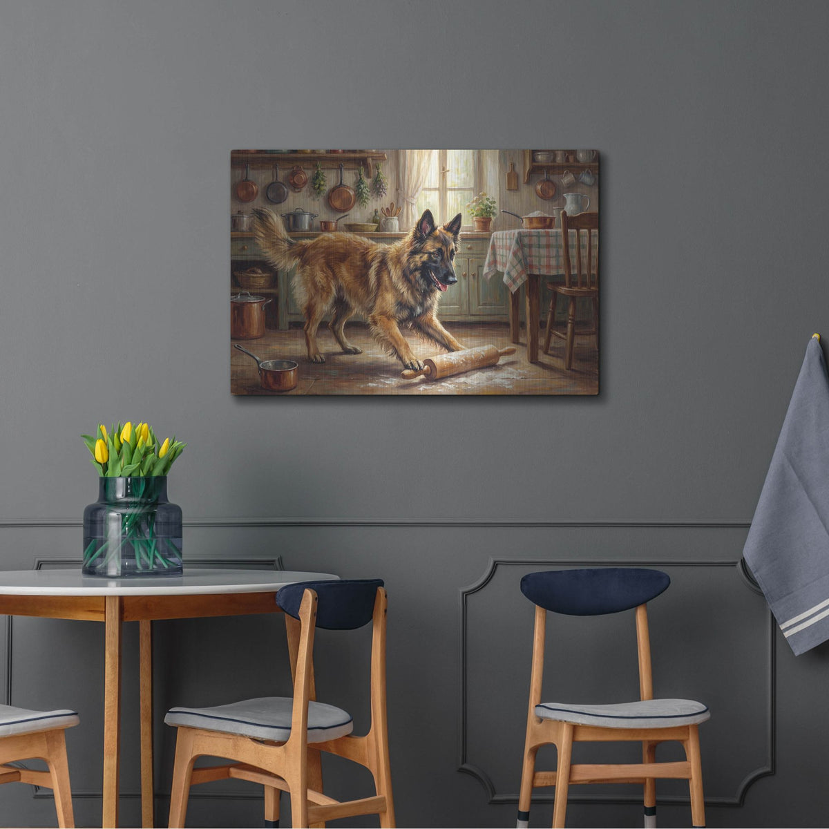'Belgian Malinois In The Kitchen' by Rich Monet Metal Wall Art