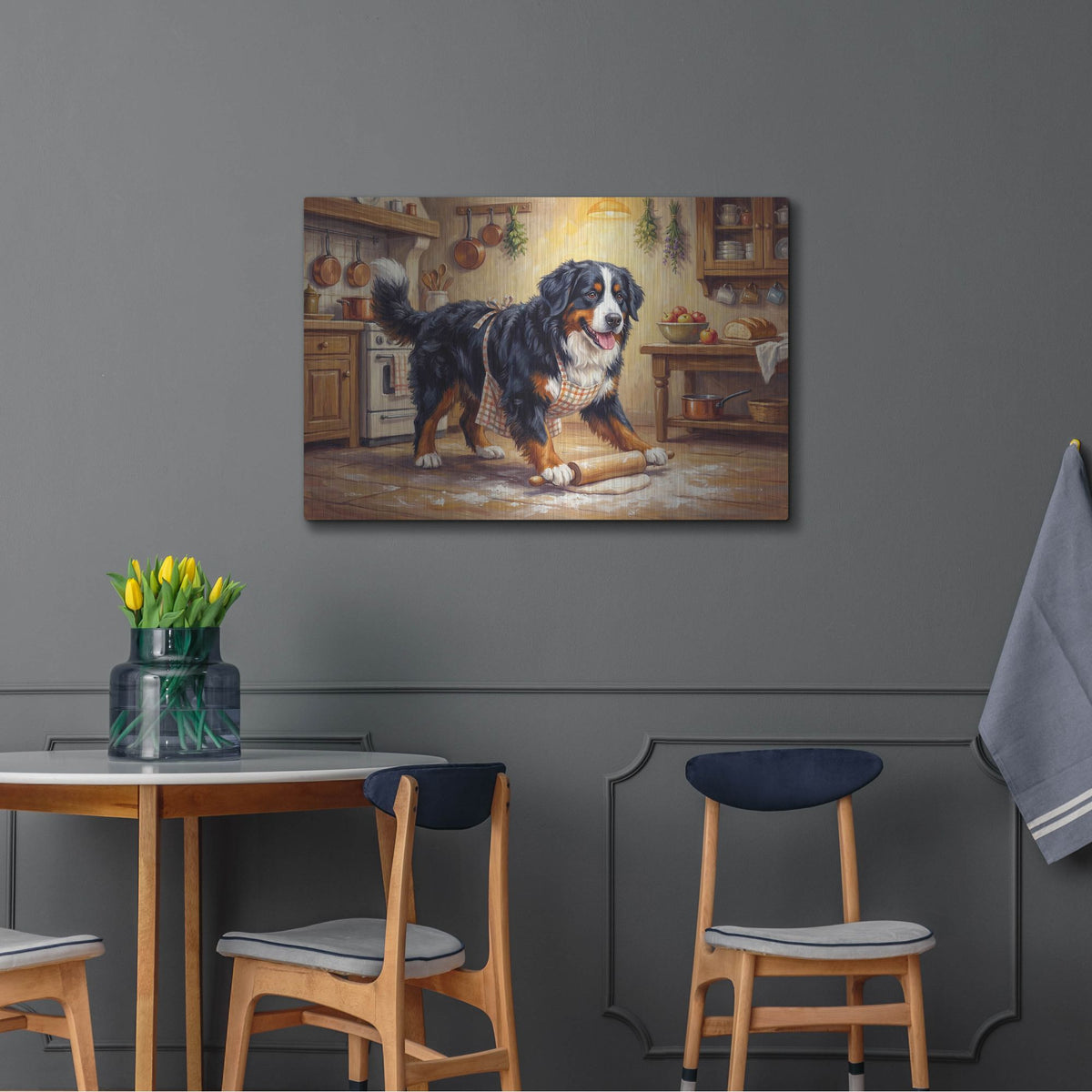 'Bernes Mountain Dog In The Kitchen' by Rich Monet Metal Wall Art
