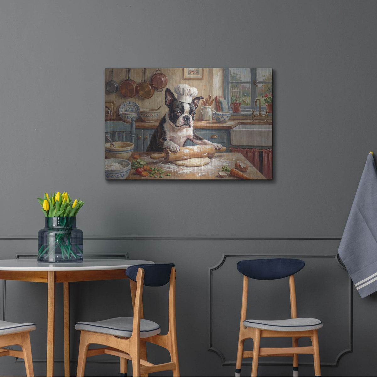 'Boston Terrier In The Kitchen' by Rich Monet Metal Wall Art
