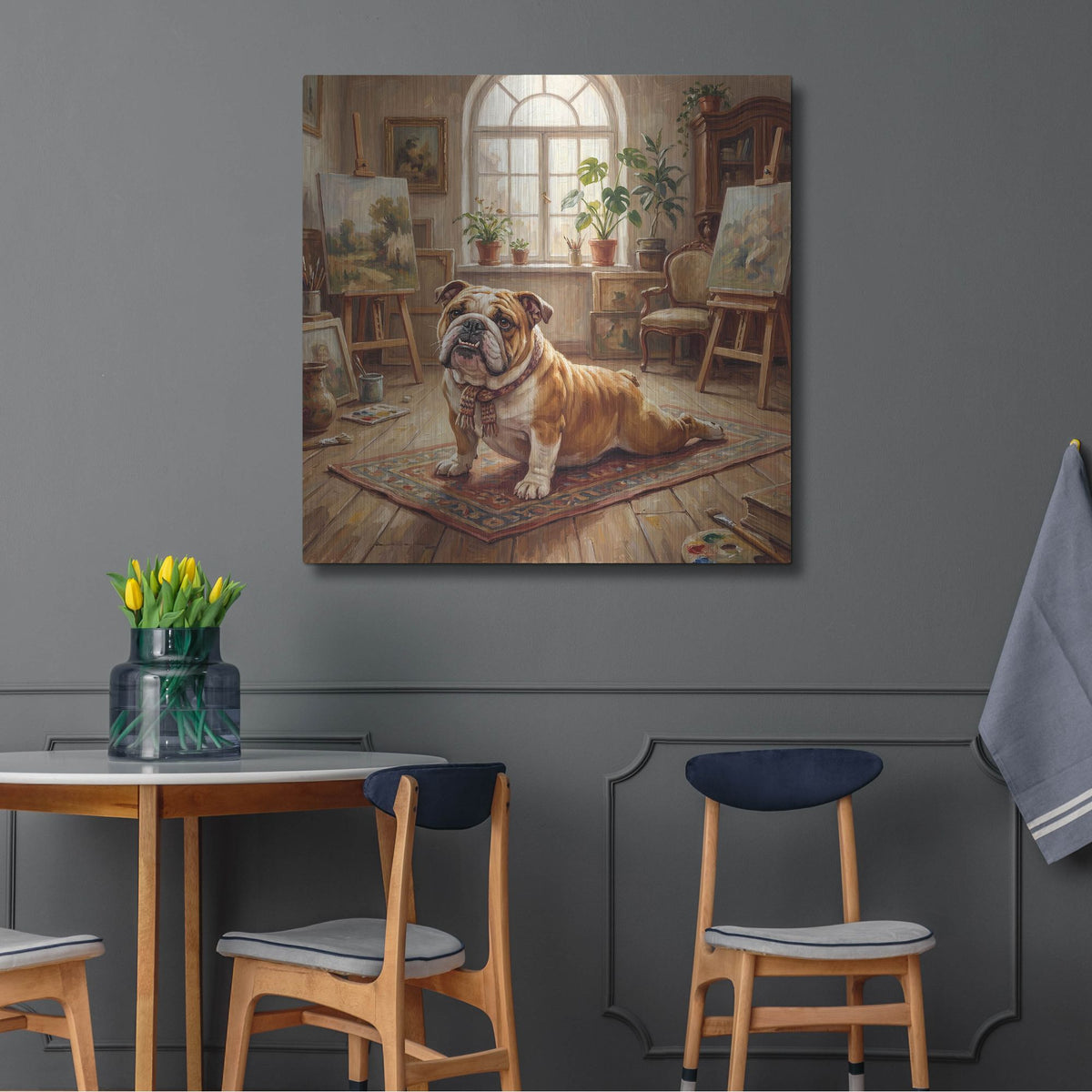'Bulldog Yoga Cobra Pose' by Rich Monet Metal Wall Art