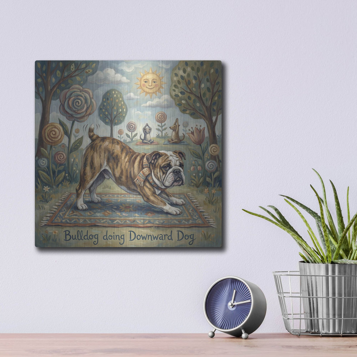 'Bulldog Yoga Downward Dog' by Rich Monet Metal Wall Art
