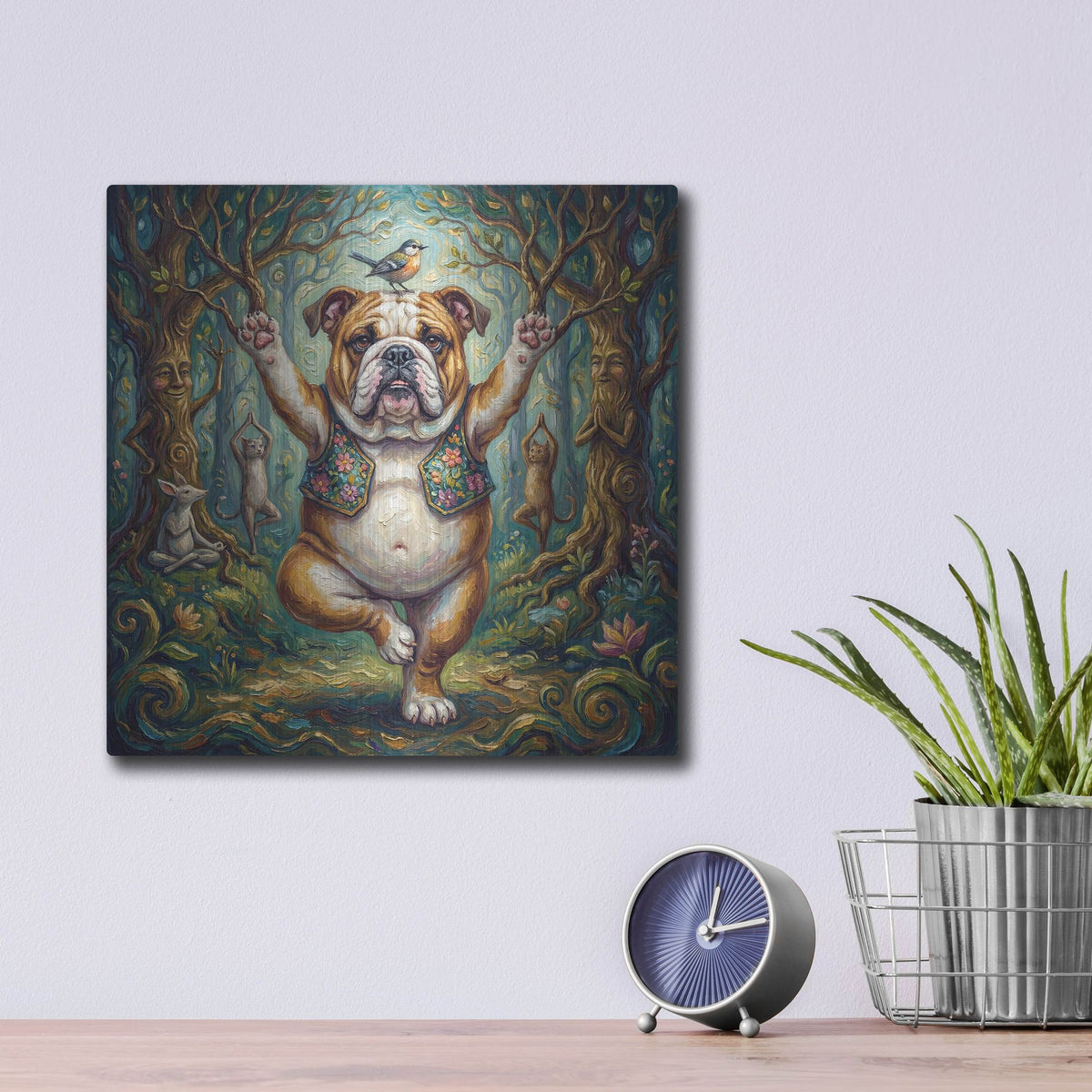 'Bulldog Yoga Tree Pose' by Rich Monet Metal Wall Art