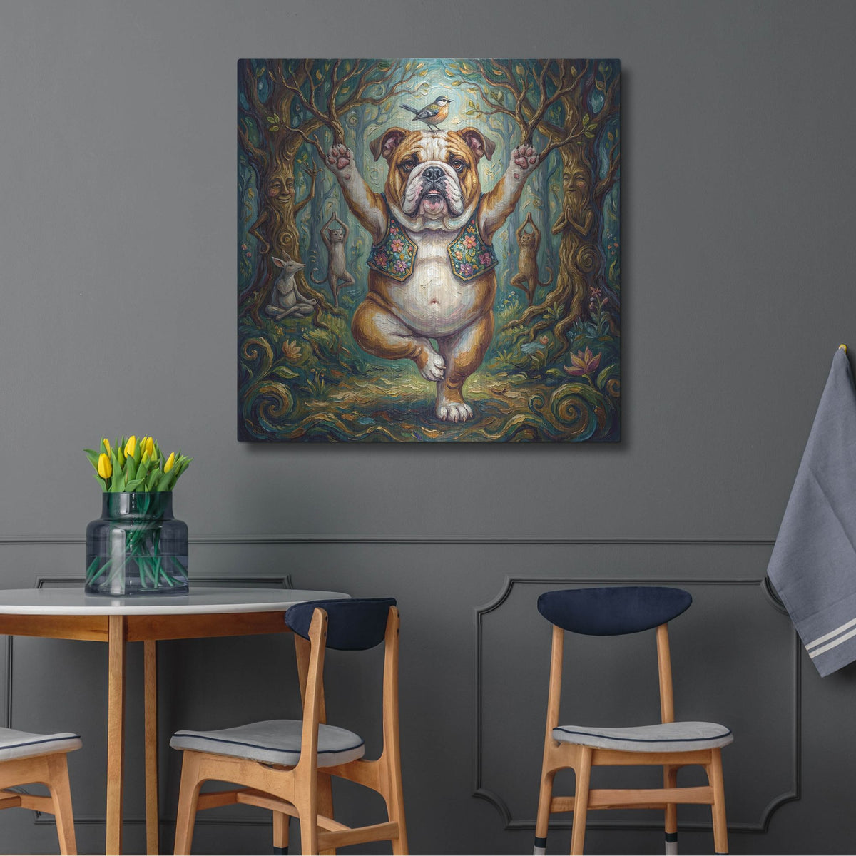 'Bulldog Yoga Tree Pose' by Rich Monet Metal Wall Art