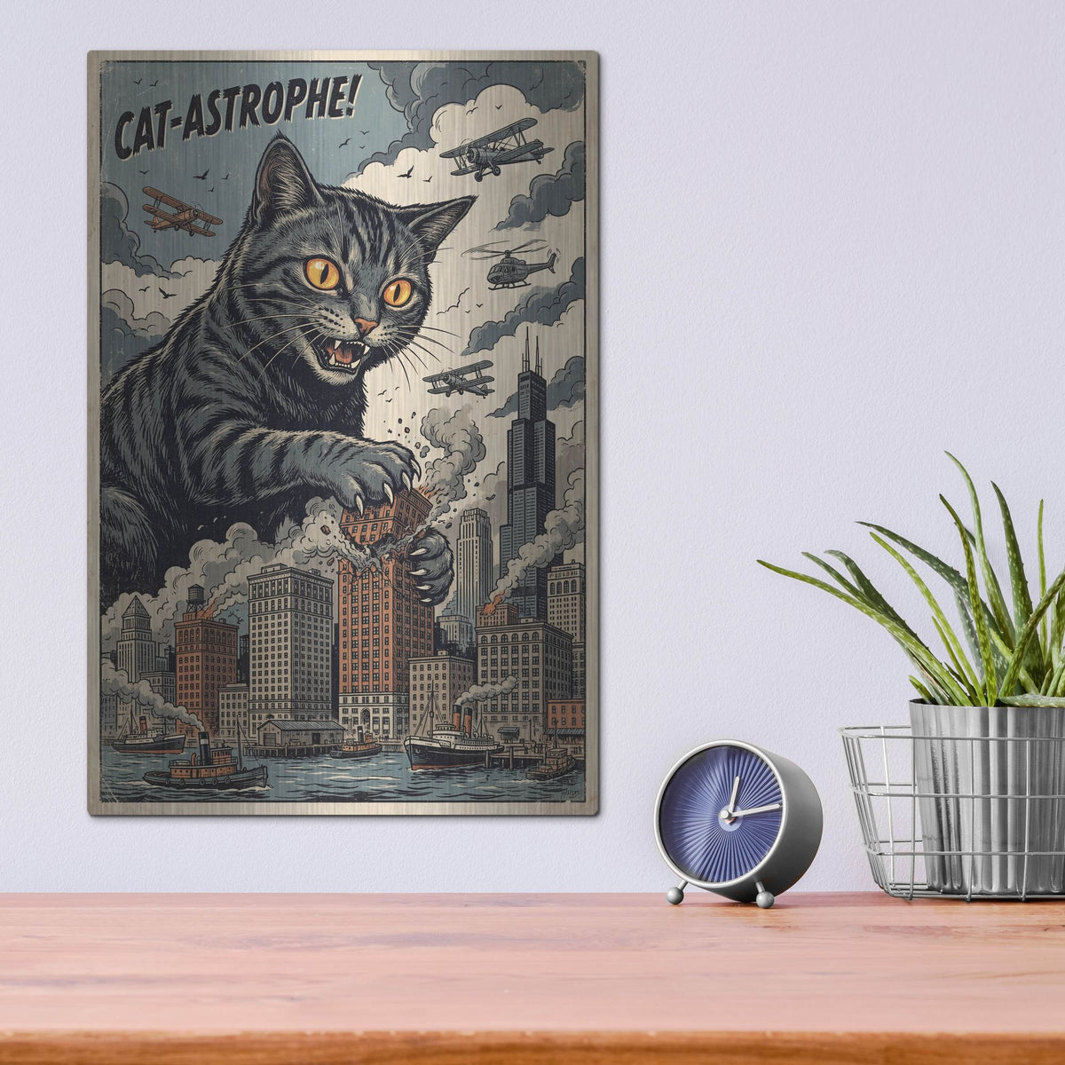 'Catzilla In Chicago' by Rich Monet Metal Wall Art