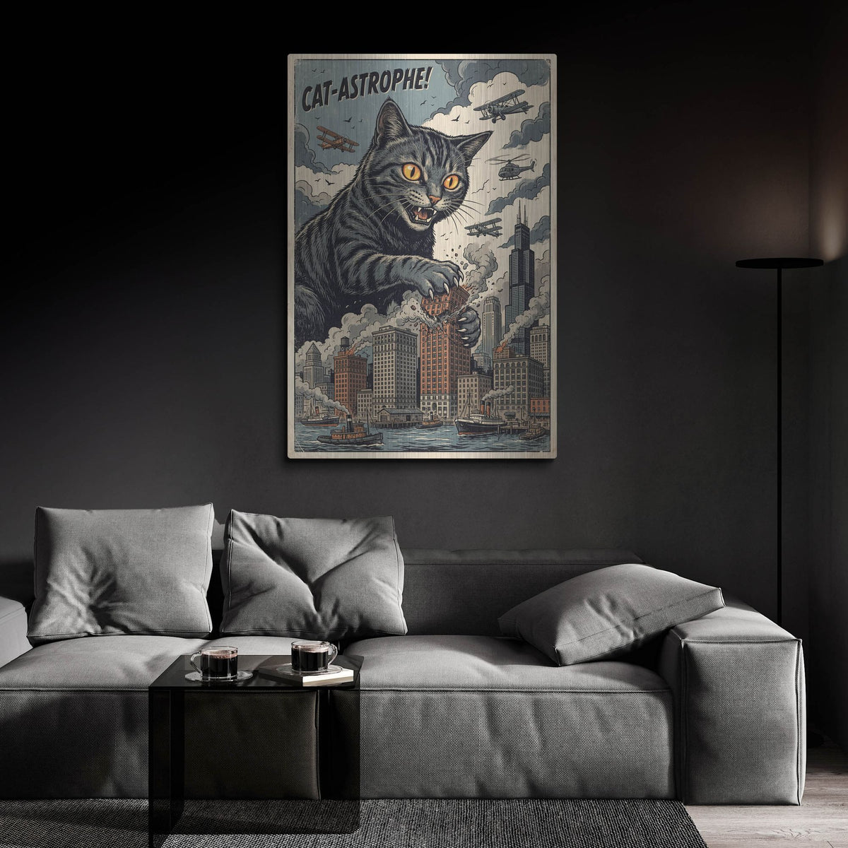 'Catzilla In Chicago' by Rich Monet Metal Wall Art