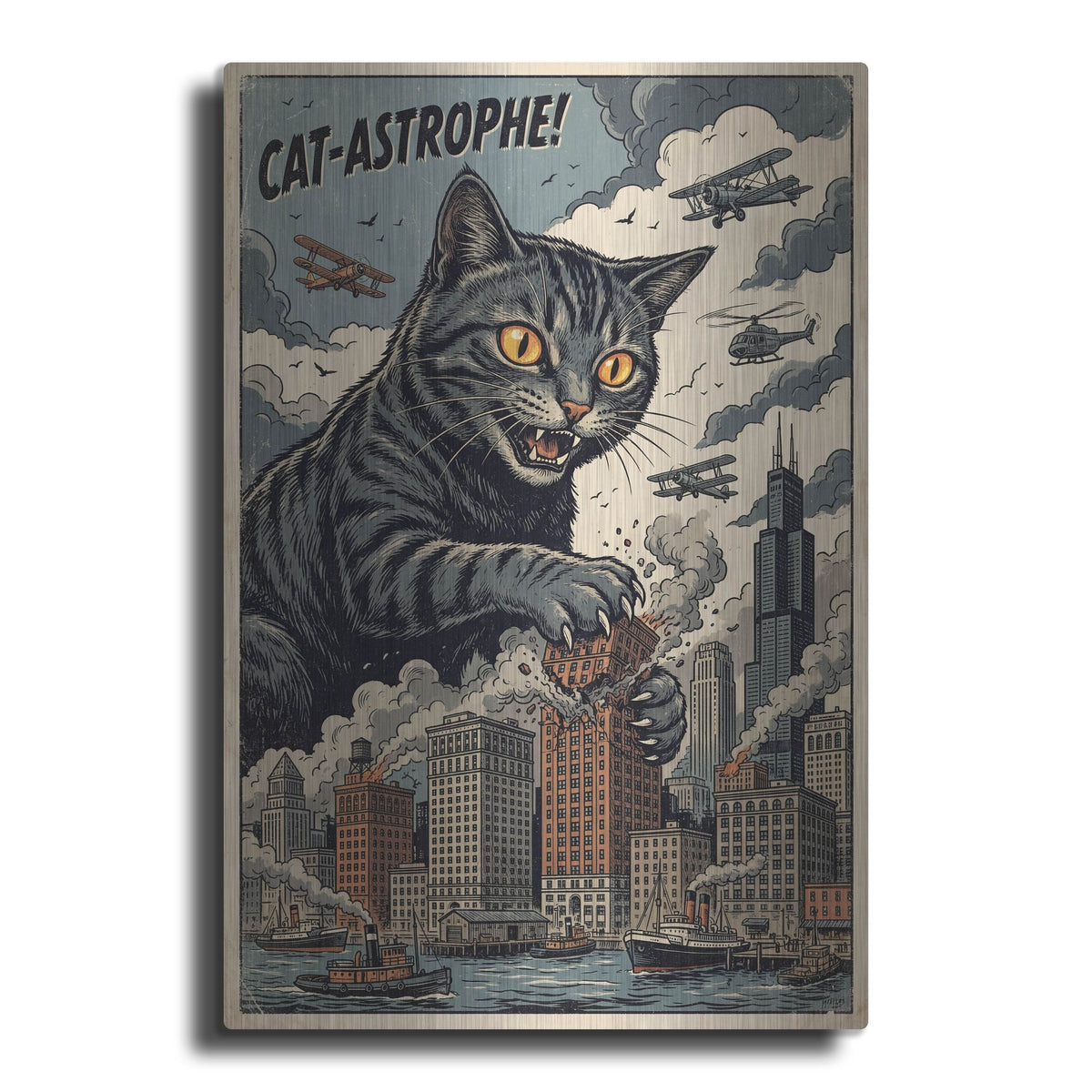 'Catzilla In Chicago' by Rich Monet Metal Wall Art