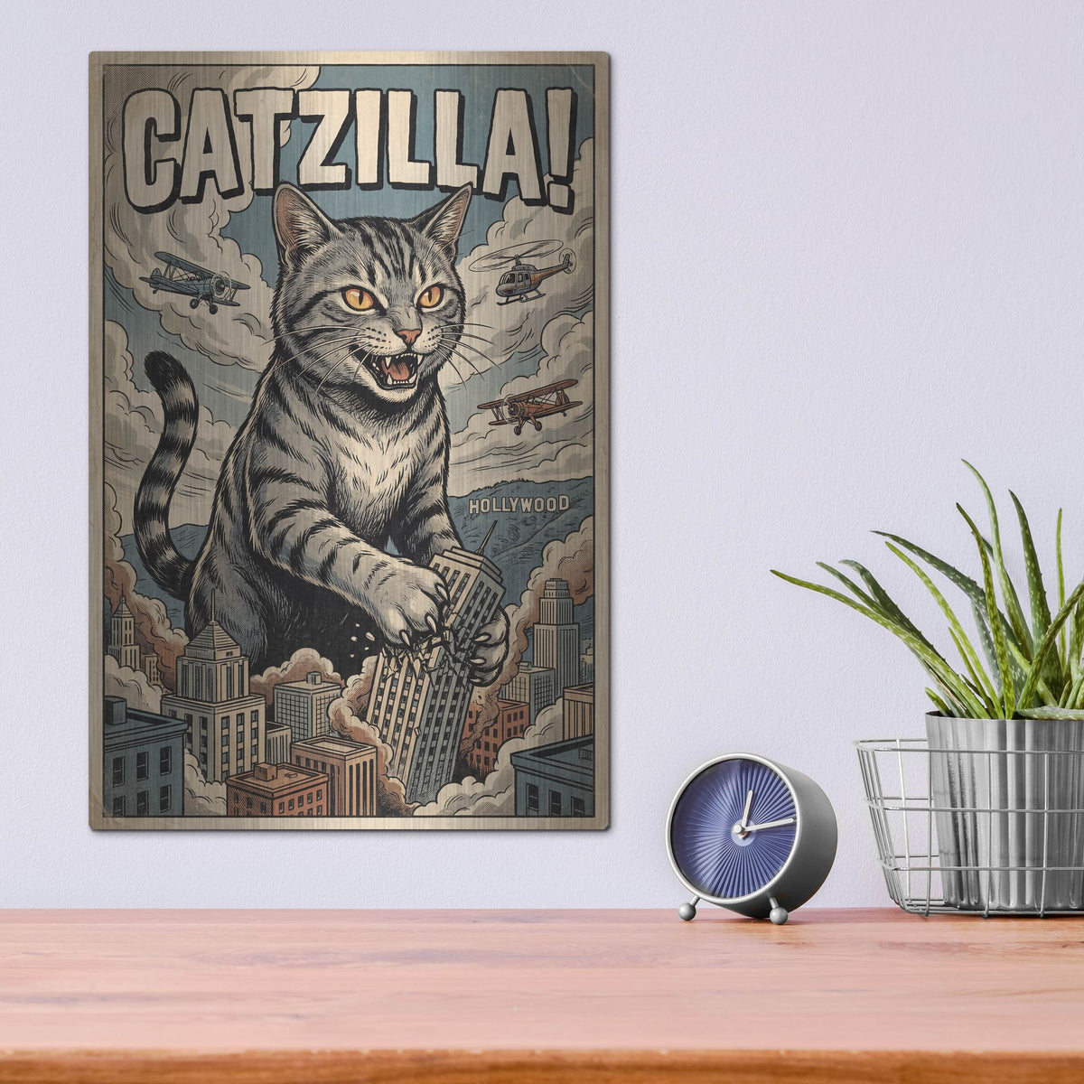 'Catzilla In Hollywood' by Rich Monet Metal Wall Art