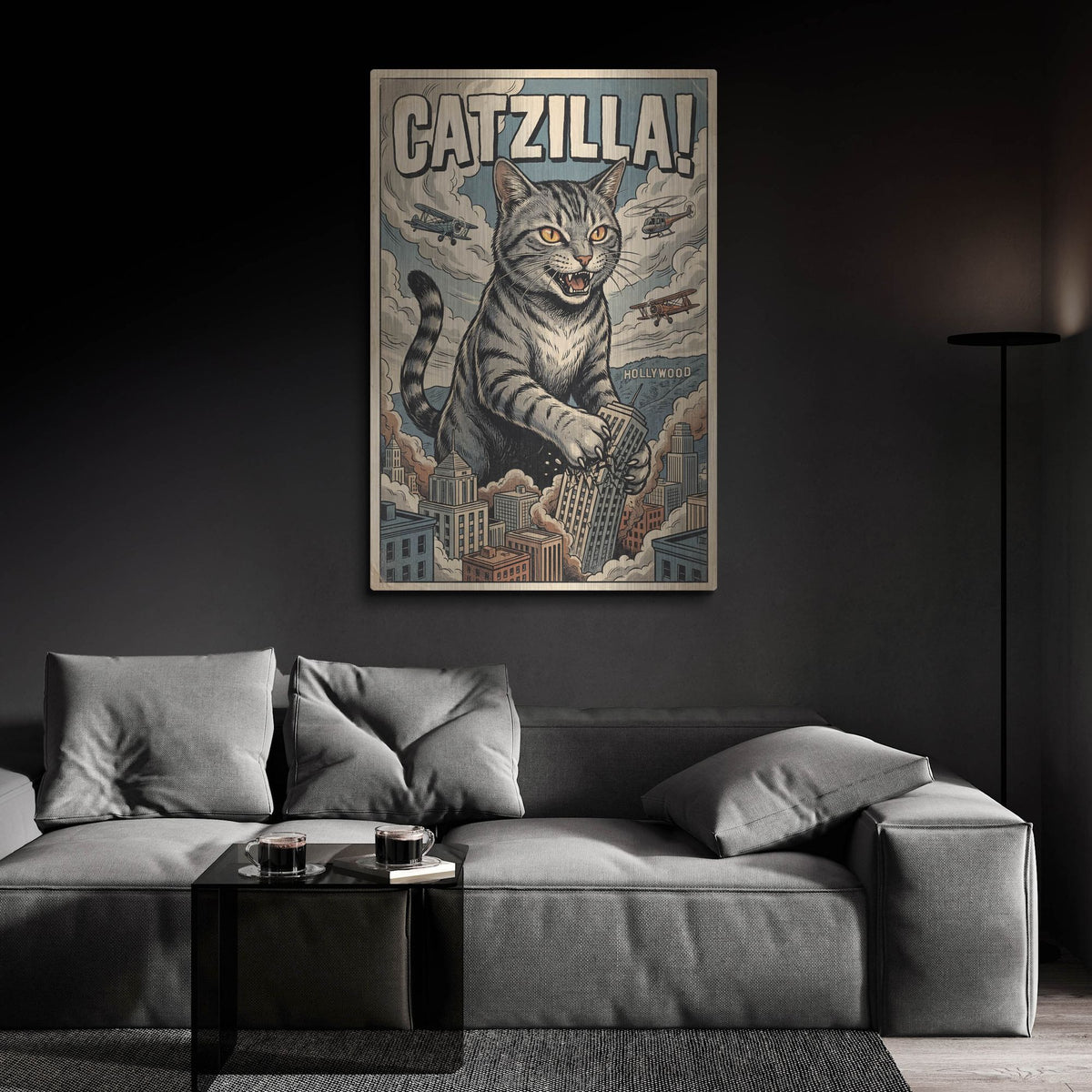 'Catzilla In Hollywood' by Rich Monet Metal Wall Art