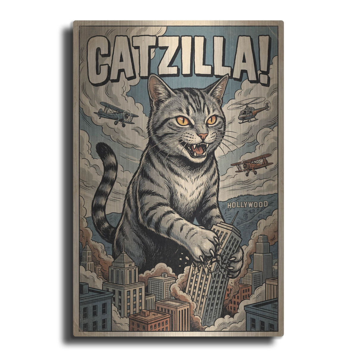 'Catzilla In Hollywood' by Rich Monet Metal Wall Art