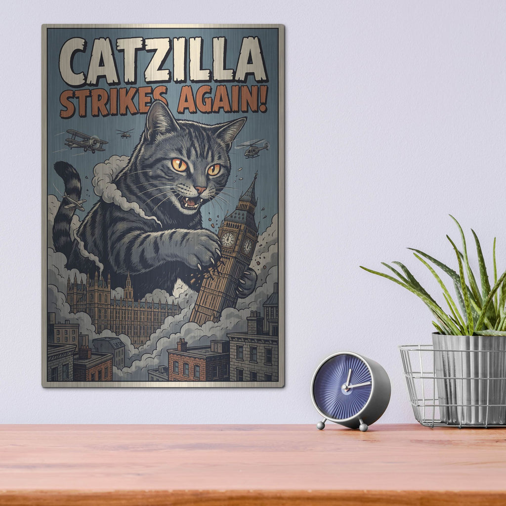 'Catzilla In London' by Rich Monet Metal Wall Art
