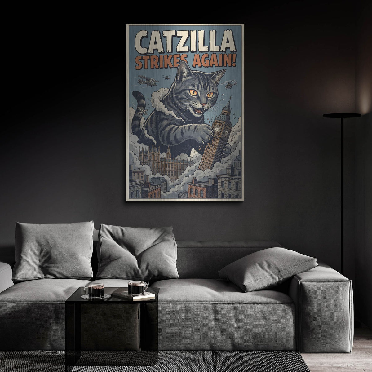 'Catzilla In London' by Rich Monet Metal Wall Art