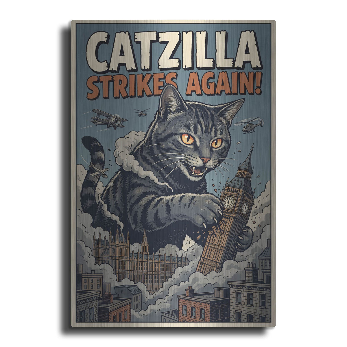 'Catzilla In London' by Rich Monet Metal Wall Art
