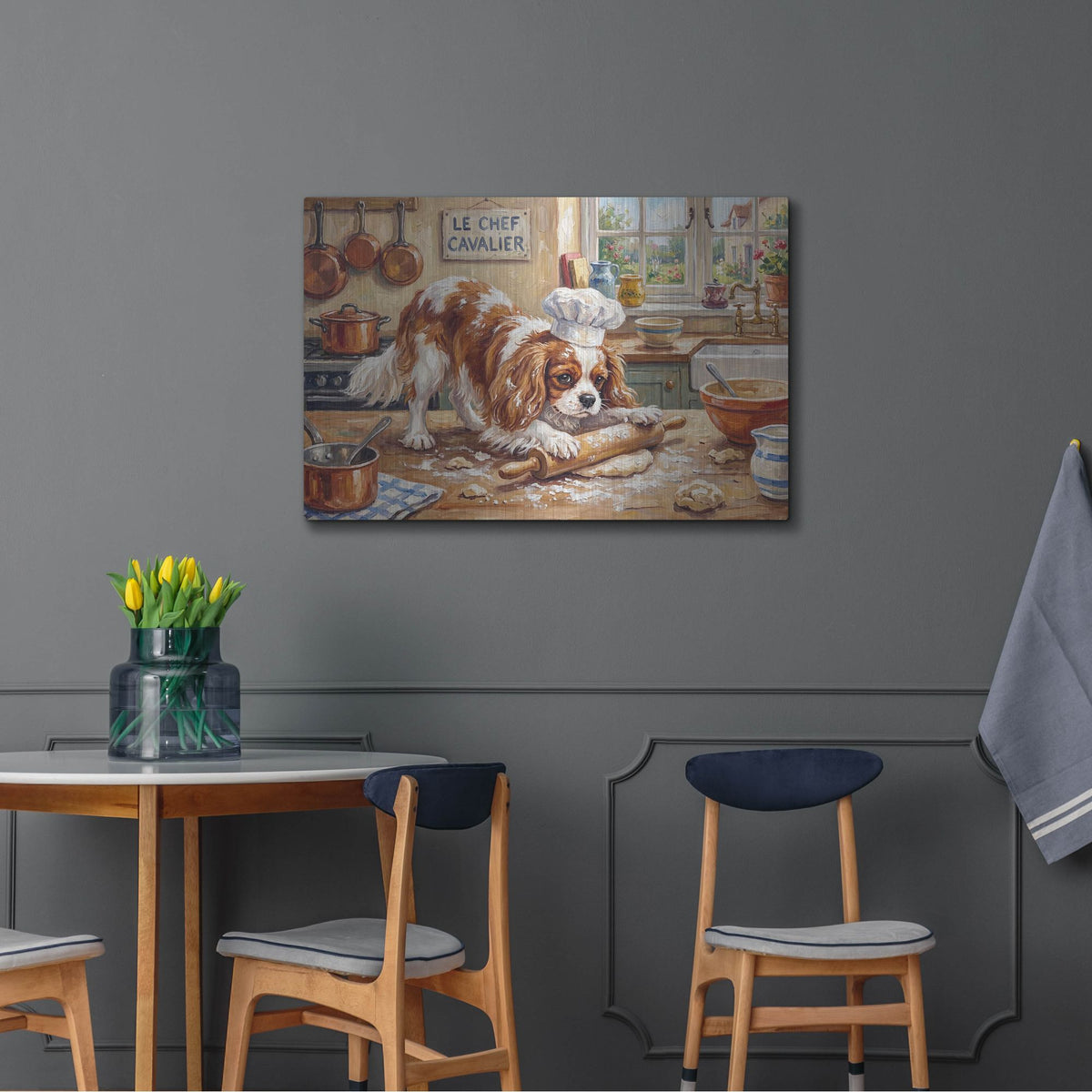 'Cavalier King Charles Spaniel In The Kitchen' by Rich Monet Metal Wall Art