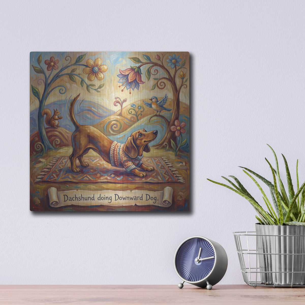 'Dachshund Yoga Downward Dog' by Rich Monet Metal Wall Art