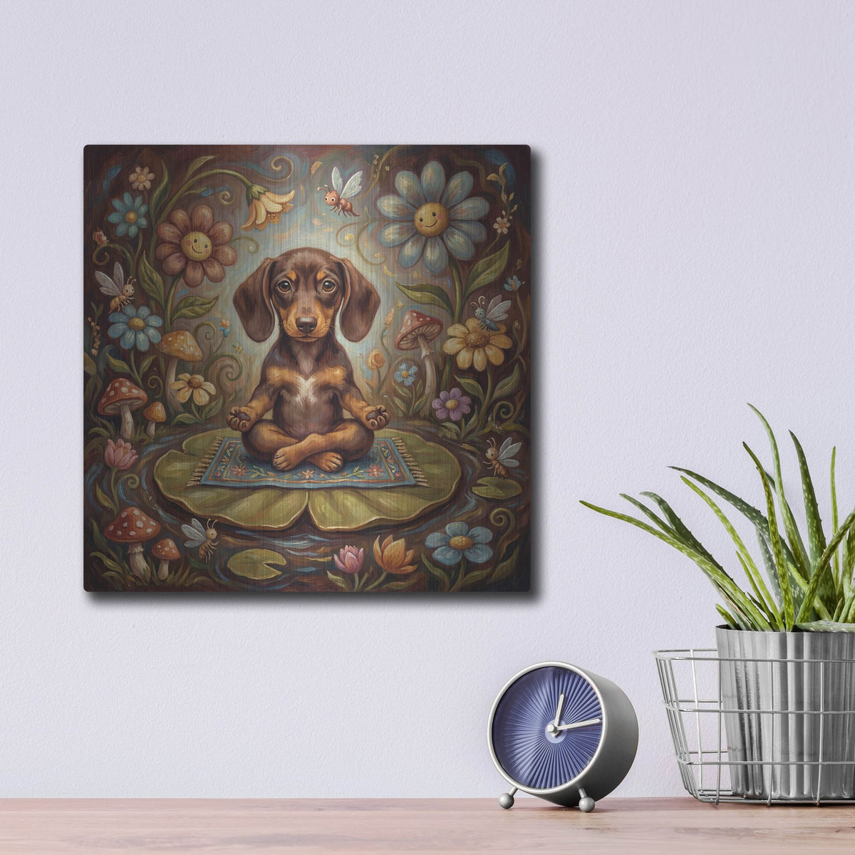 'Dachshund Yoga Lotus Pose' by Rich Monet Metal Wall Art