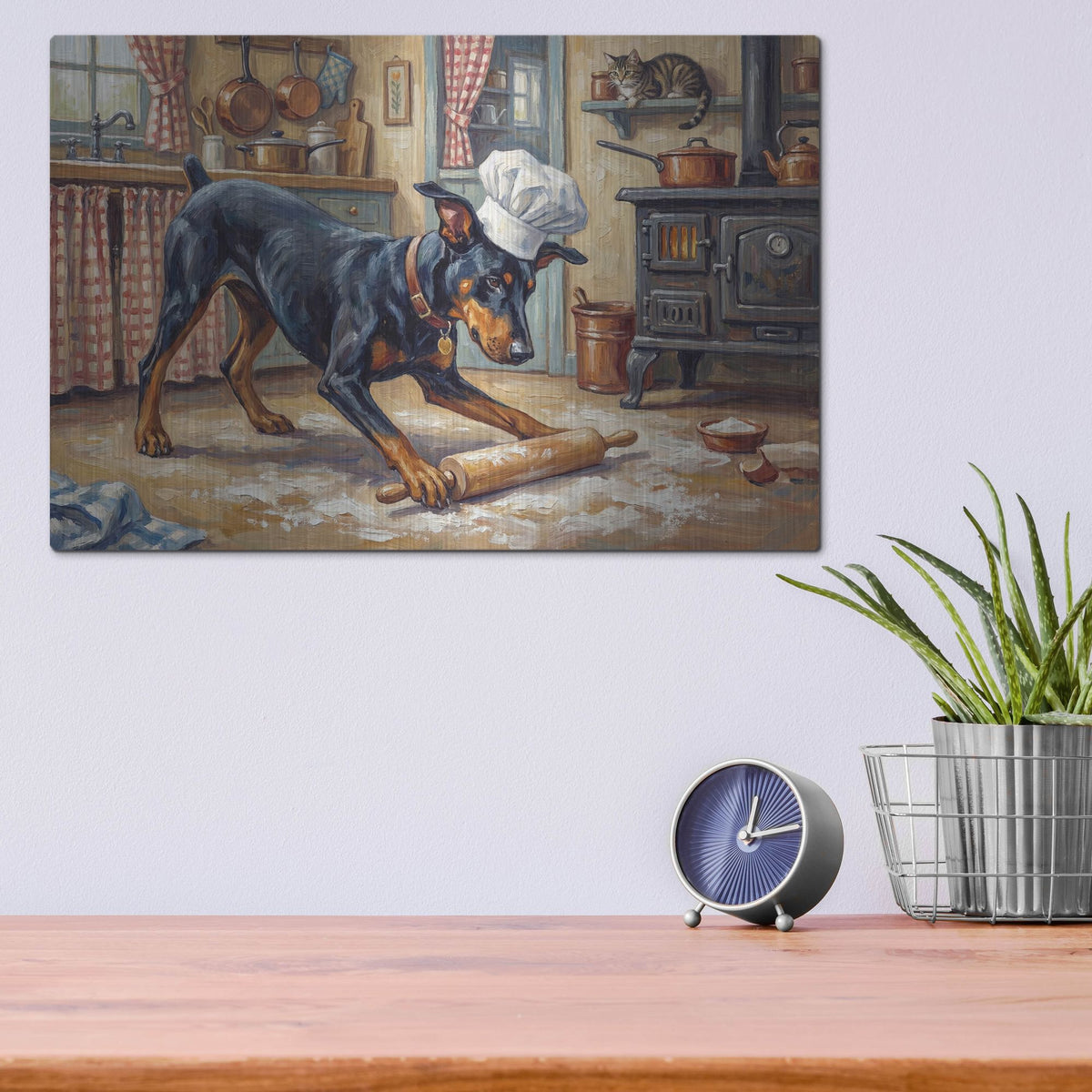 'Doberman Pinscher In The Kitchen' by Rich Monet Metal Wall Art