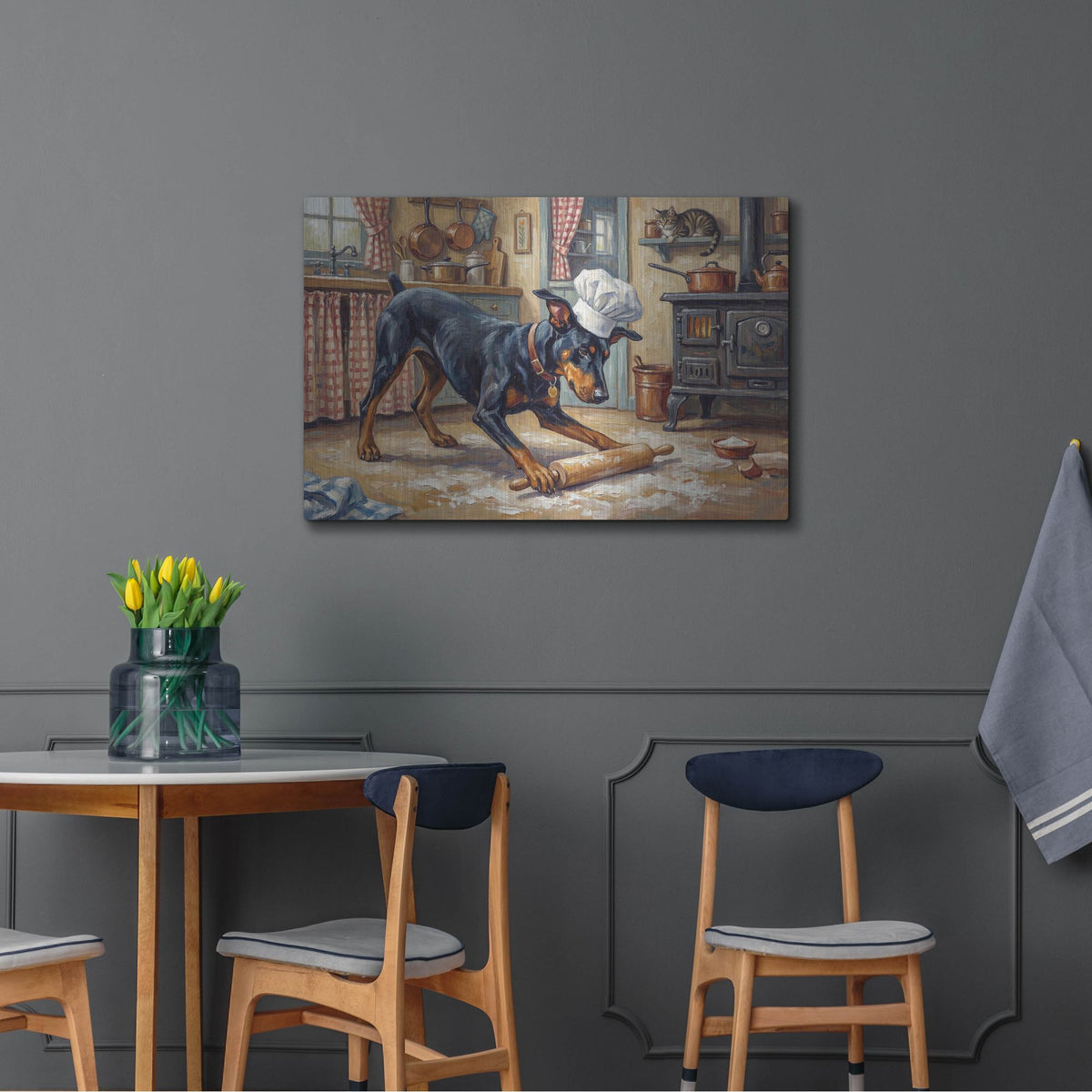 'Doberman Pinscher In The Kitchen' by Rich Monet Metal Wall Art