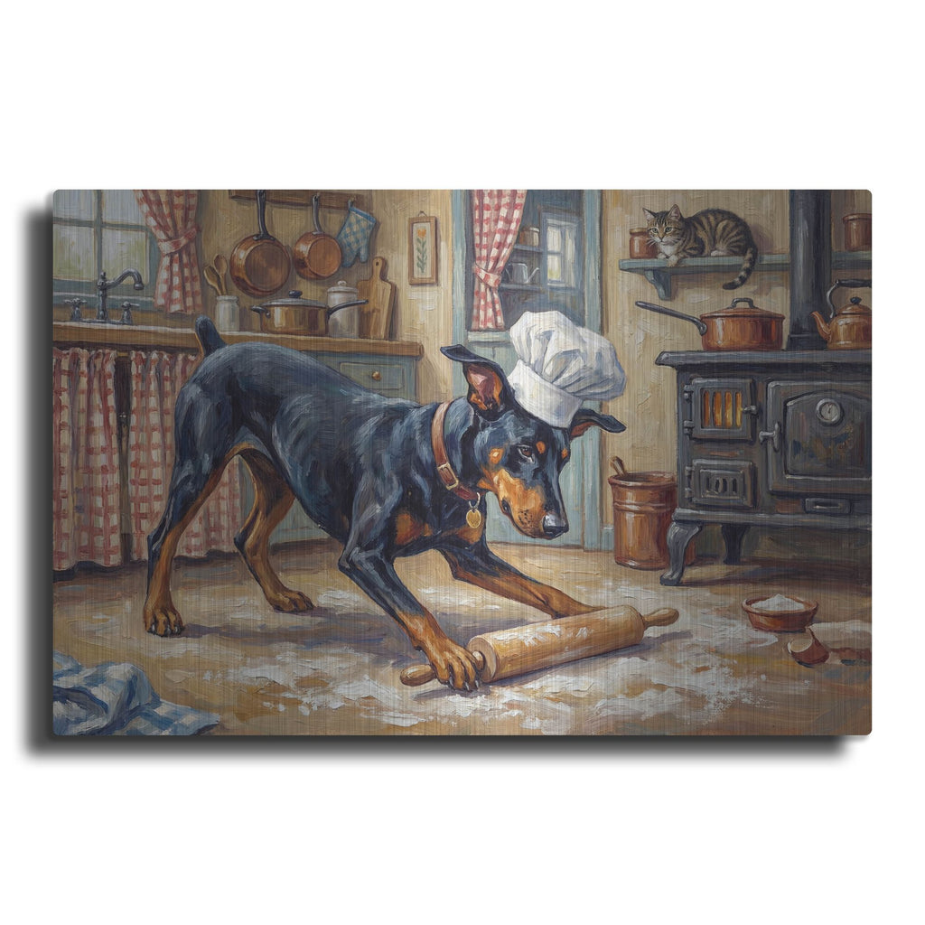 'Doberman Pinscher In The Kitchen' by Rich Monet Metal Wall Art