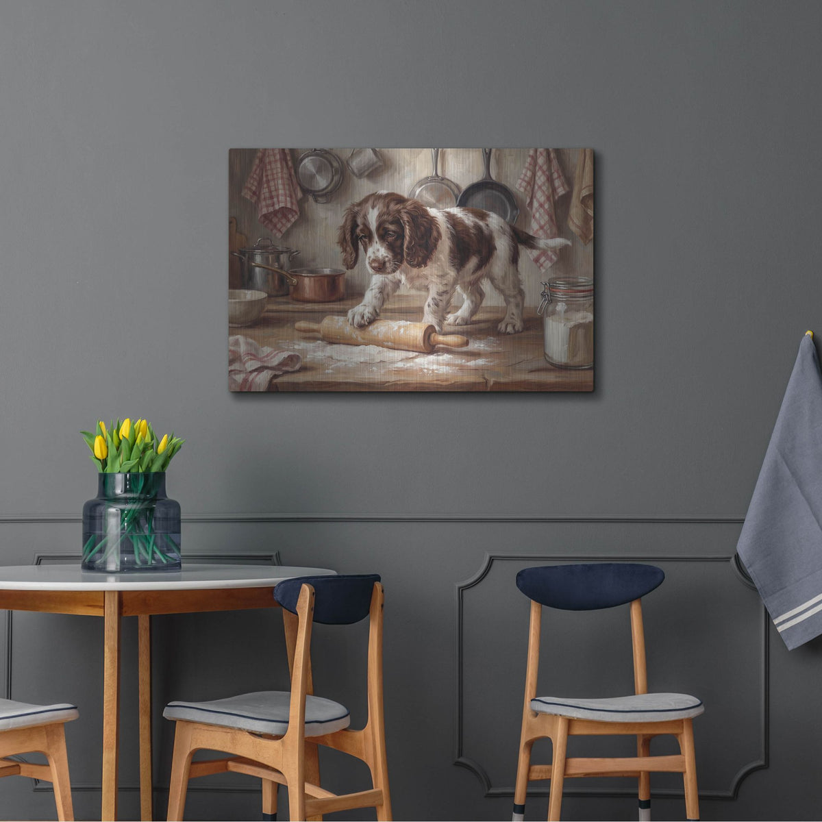 'English Springer Spaniel In The Kitchen' by Rich Monet Metal Wall Art