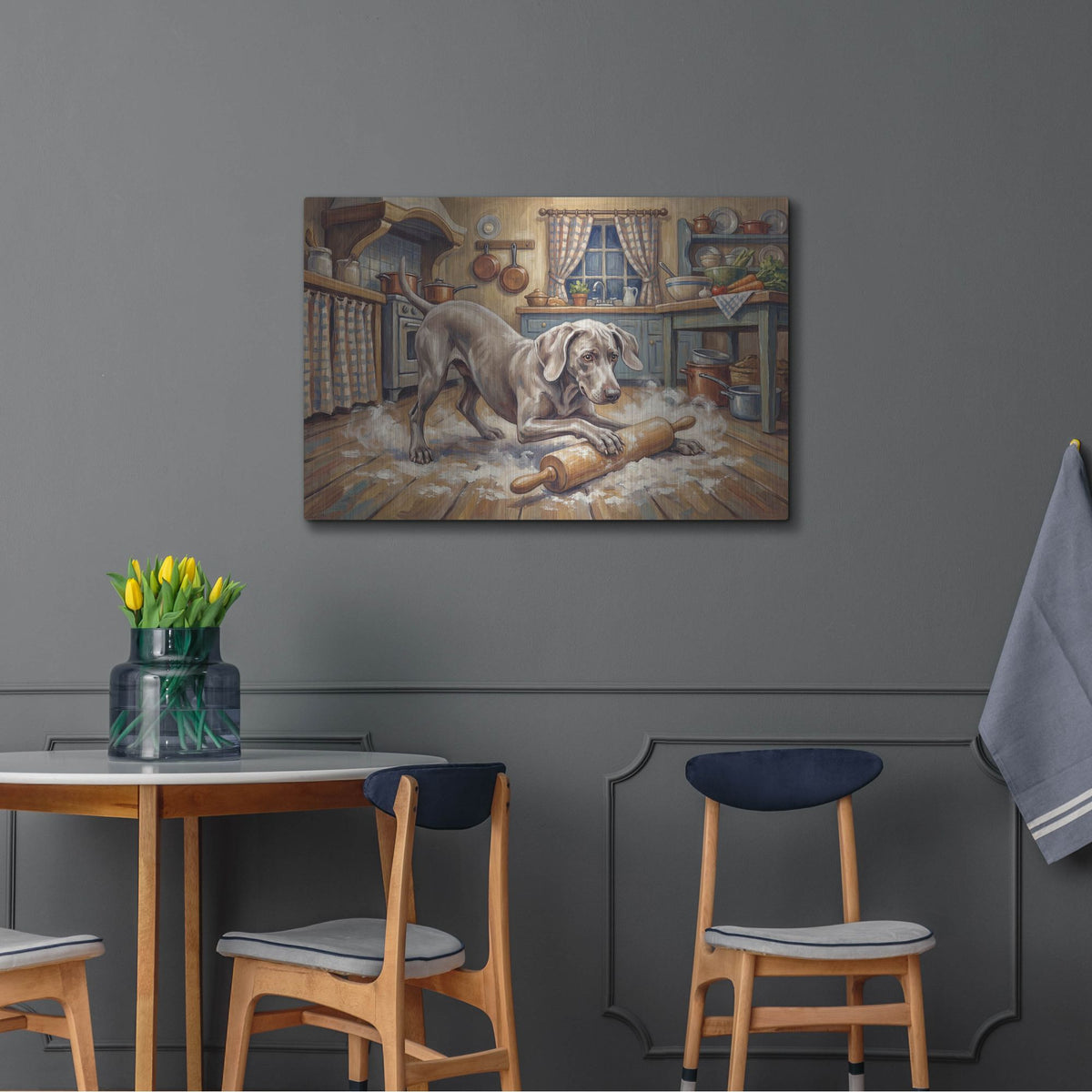 'Weimaraner In The Kitchen' by Rich Monet Metal Wall Art