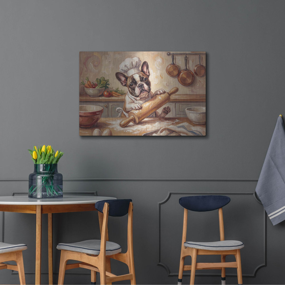 'French Bulldog In The Kitchen' by Rich Monet Metal Wall Art