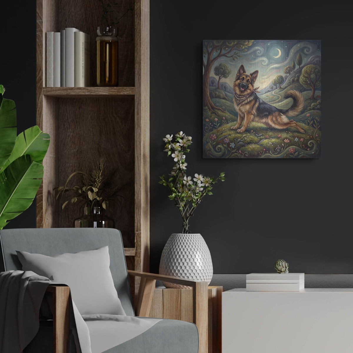 'German Shepherd Yoga Cobra Pose' by Rich Monet Metal Wall Art