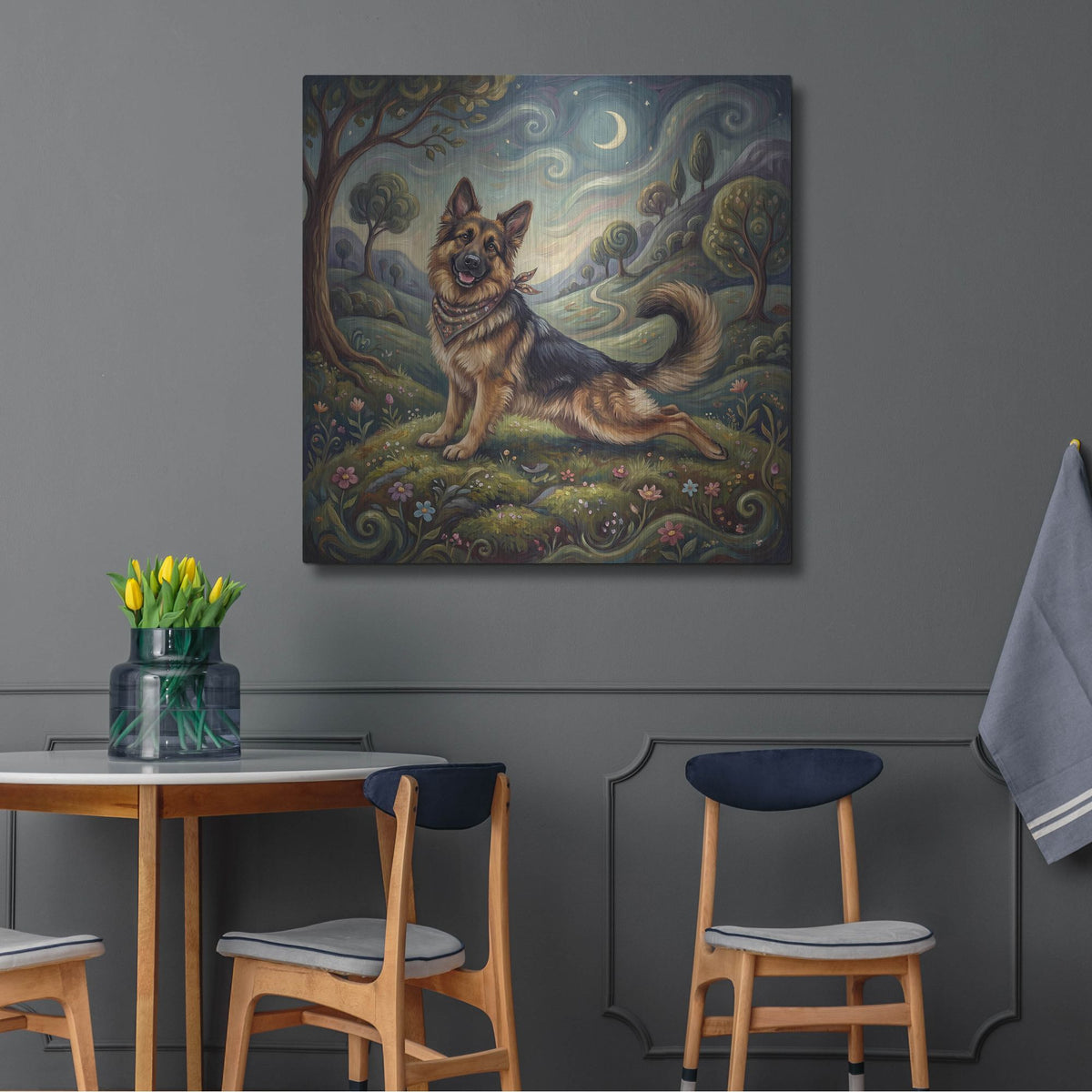 'German Shepherd Yoga Cobra Pose' by Rich Monet Metal Wall Art