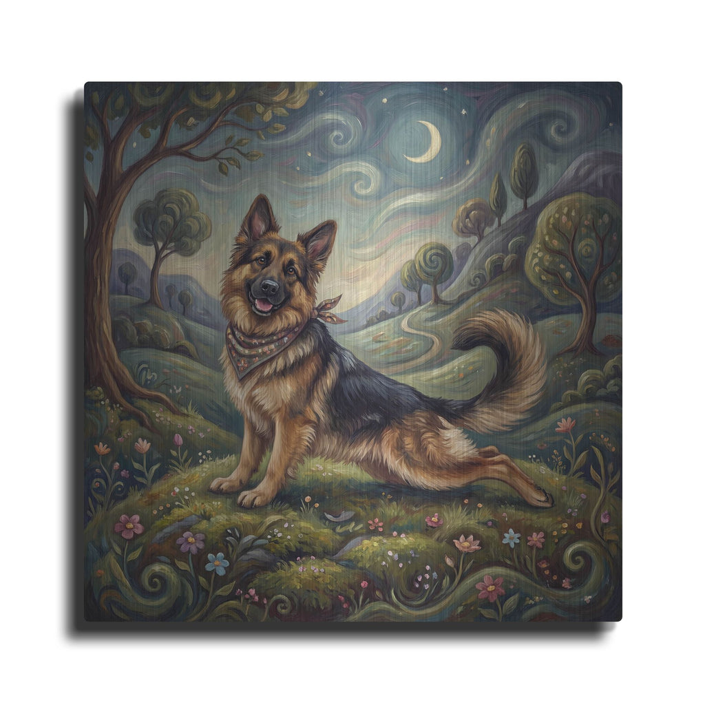 'German Shepherd Yoga Cobra Pose' by Rich Monet Metal Wall Art