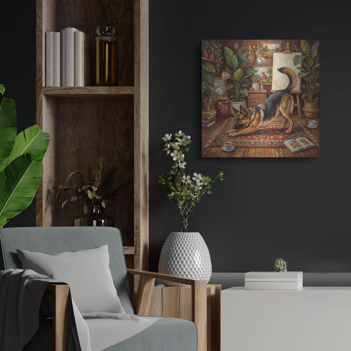 'German Shepherd Yoga Downward Dog' by Rich Monet Metal Wall Art