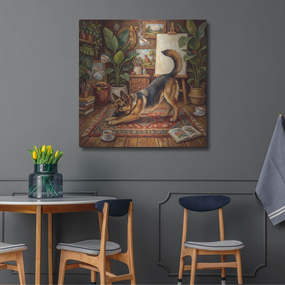 'German Shepherd Yoga Downward Dog' by Rich Monet Metal Wall Art