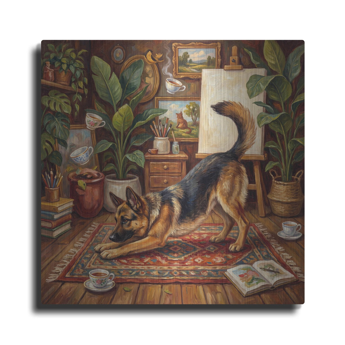 'German Shepherd Yoga Downward Dog' by Rich Monet Metal Wall Art