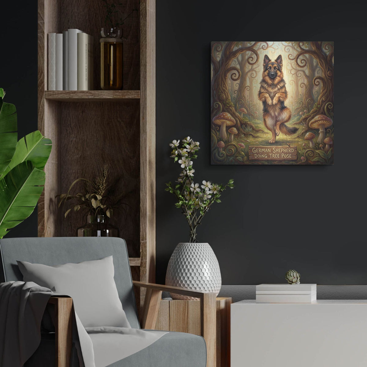 'German Shepherd Yoga Tree Pose' by Rich Monet Metal Wall Art