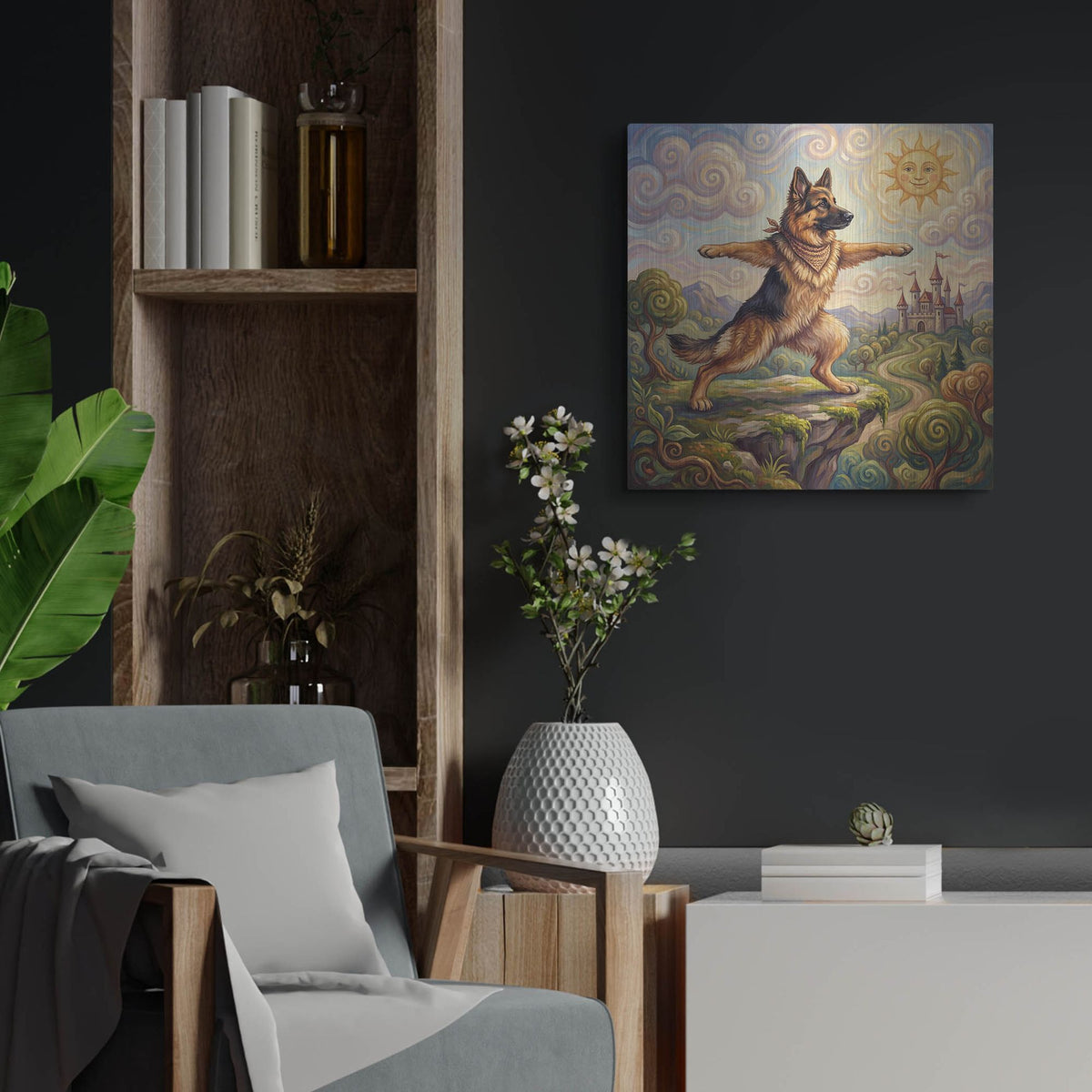 'German Shepherd Yoga Warrior Pose' by Rich Monet Metal Wall Art