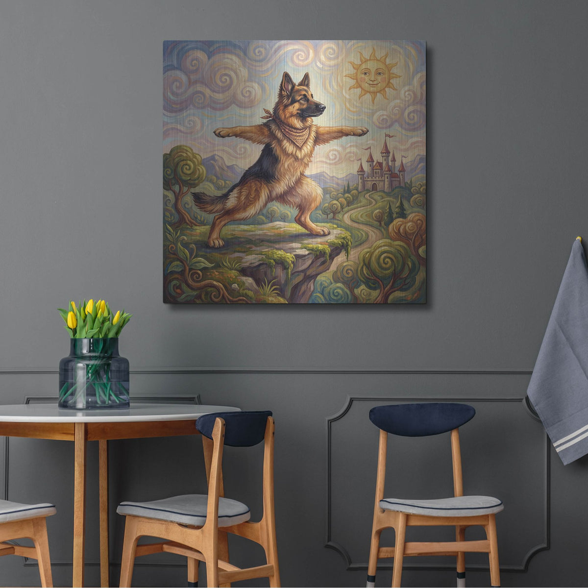 'German Shepherd Yoga Warrior Pose' by Rich Monet Metal Wall Art