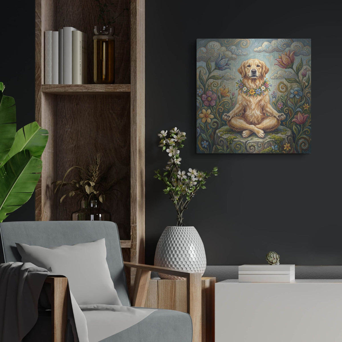 'Golden Retriever Yoga Lotus Pose' by Rich Monet Metal Wall Art
