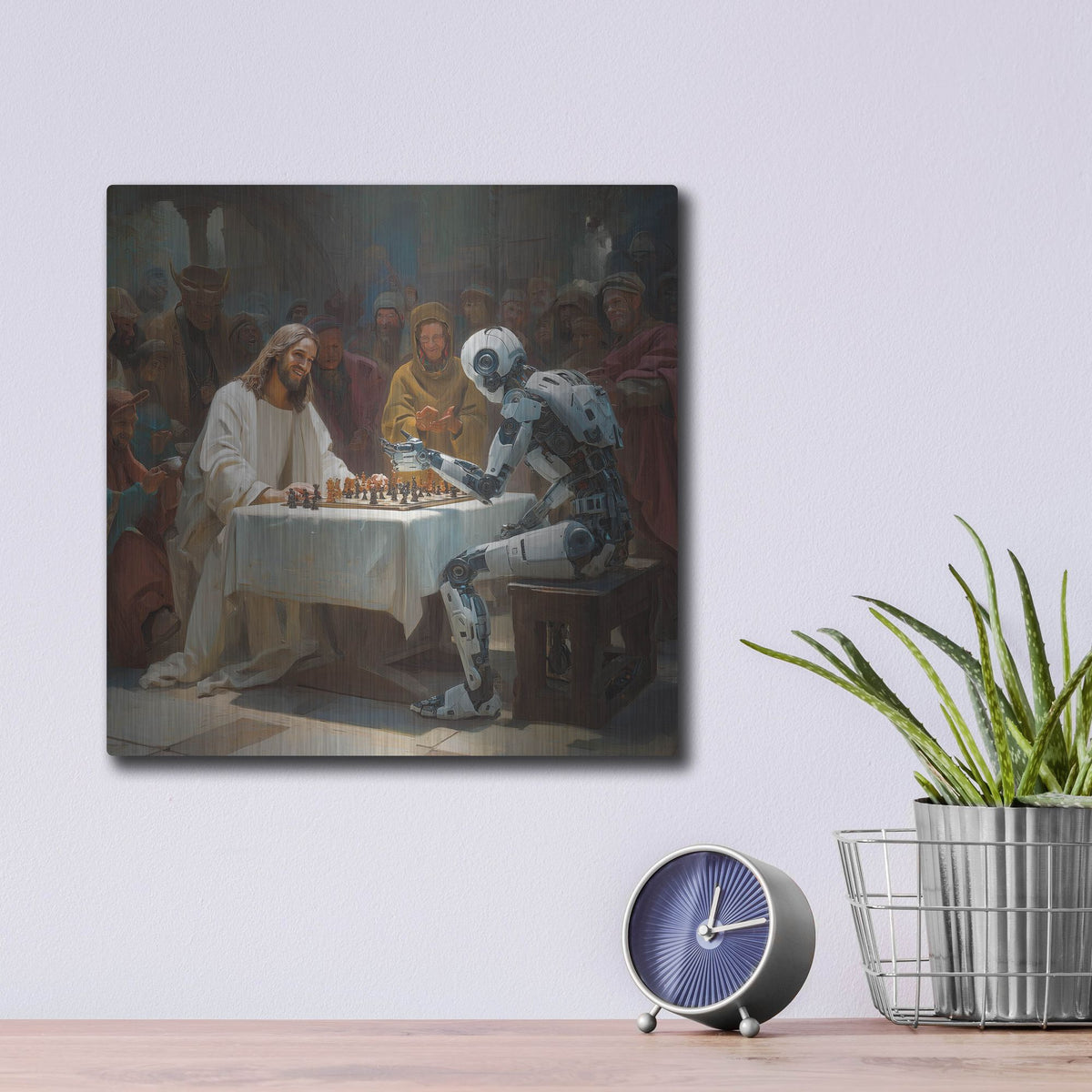 'Jesus Vs Robot Chess' by Rich Monet Metal Wall Art