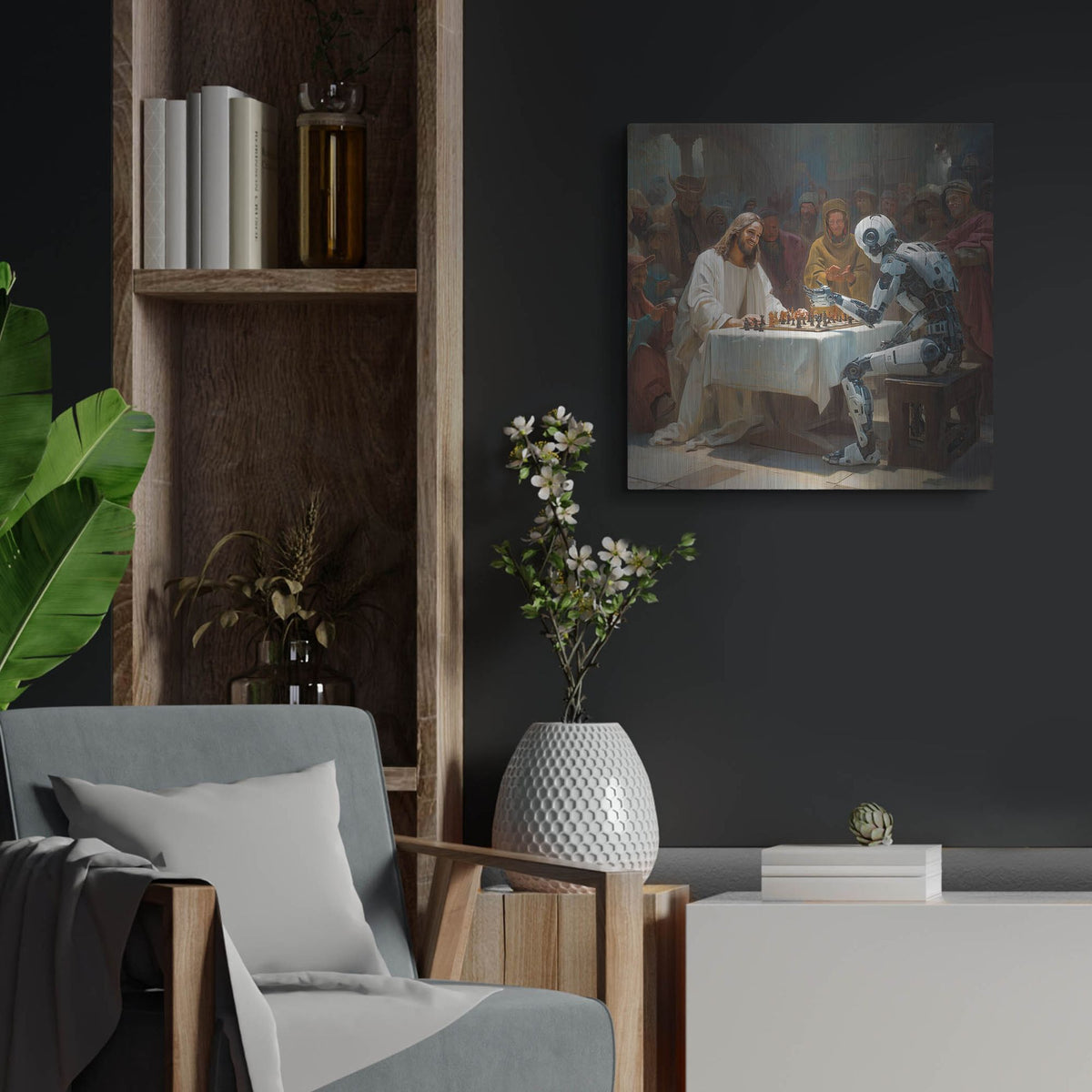 'Jesus Vs Robot Chess' by Rich Monet Metal Wall Art