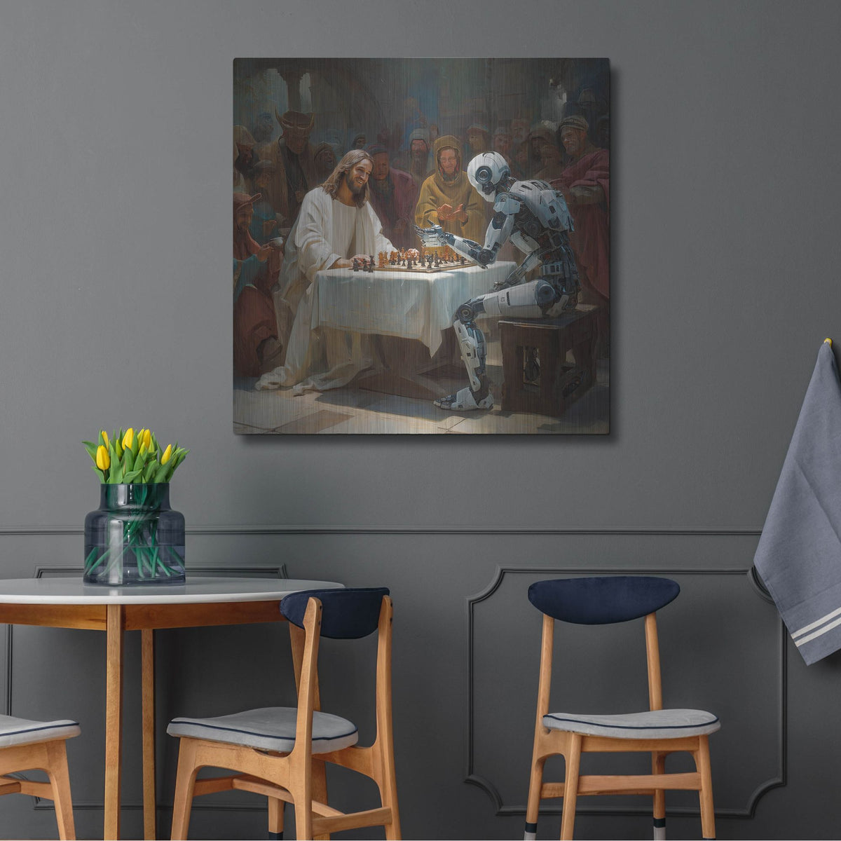 'Jesus Vs Robot Chess' by Rich Monet Metal Wall Art