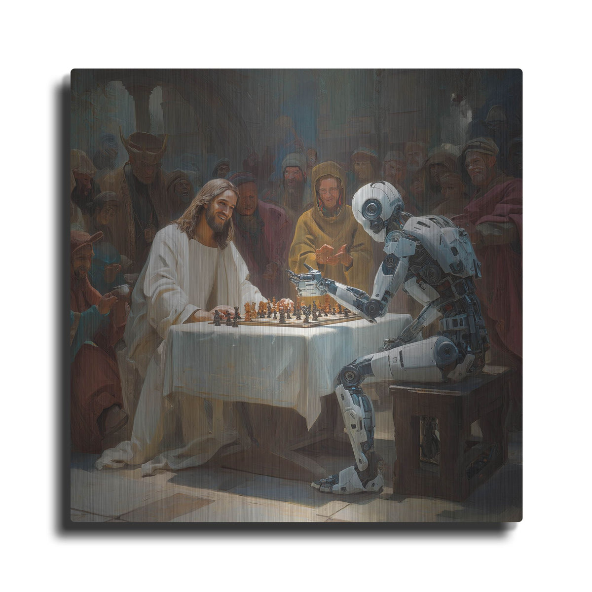 'Jesus Vs Robot Chess' by Rich Monet Metal Wall Art