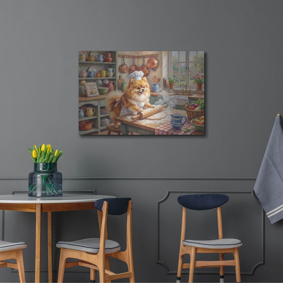 'Pomeranian In The Kitchen' by Rich Monet Metal Wall Art