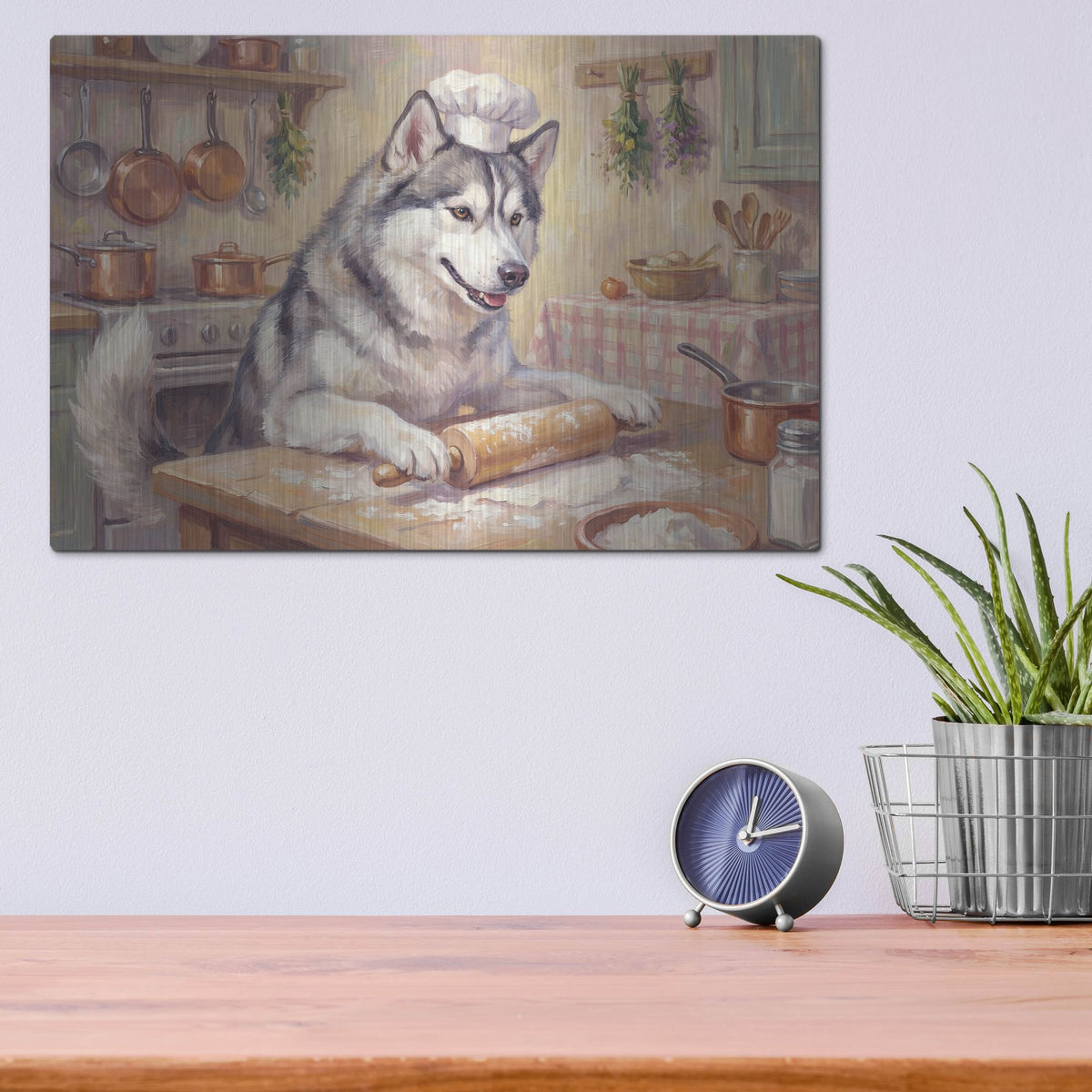 'Siberian Husky In The Kitchen' by Rich Monet Metal Wall Art