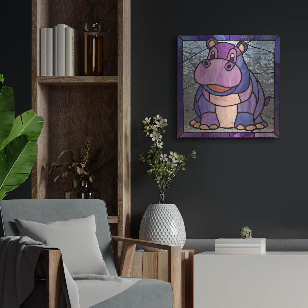 'Stained Glass Baby Hippo' by Rich Monet Metal Wall Art