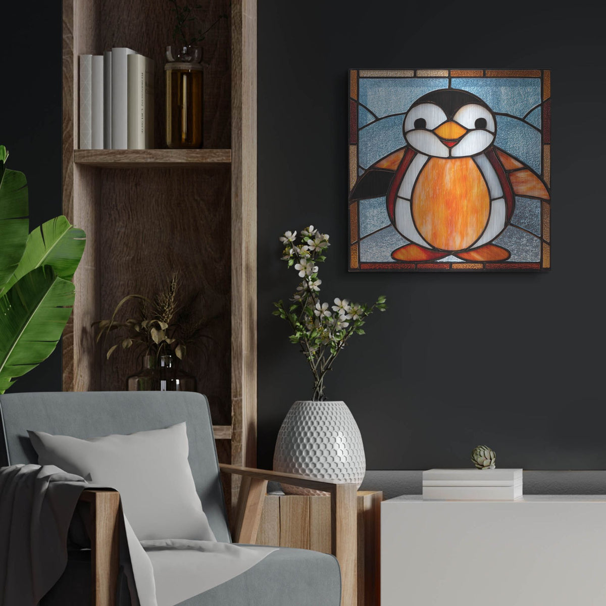 'Stained Glass Baby Penguin' by Rich Monet Metal Wall Art