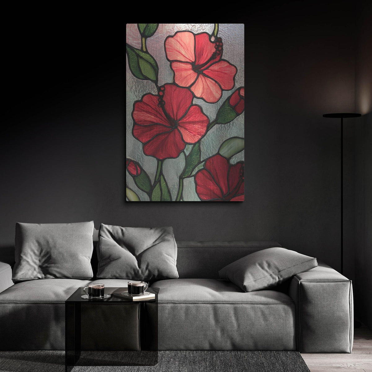 'Stained Glass Red Hibiscs' by Rich Monet Metal Wall Art