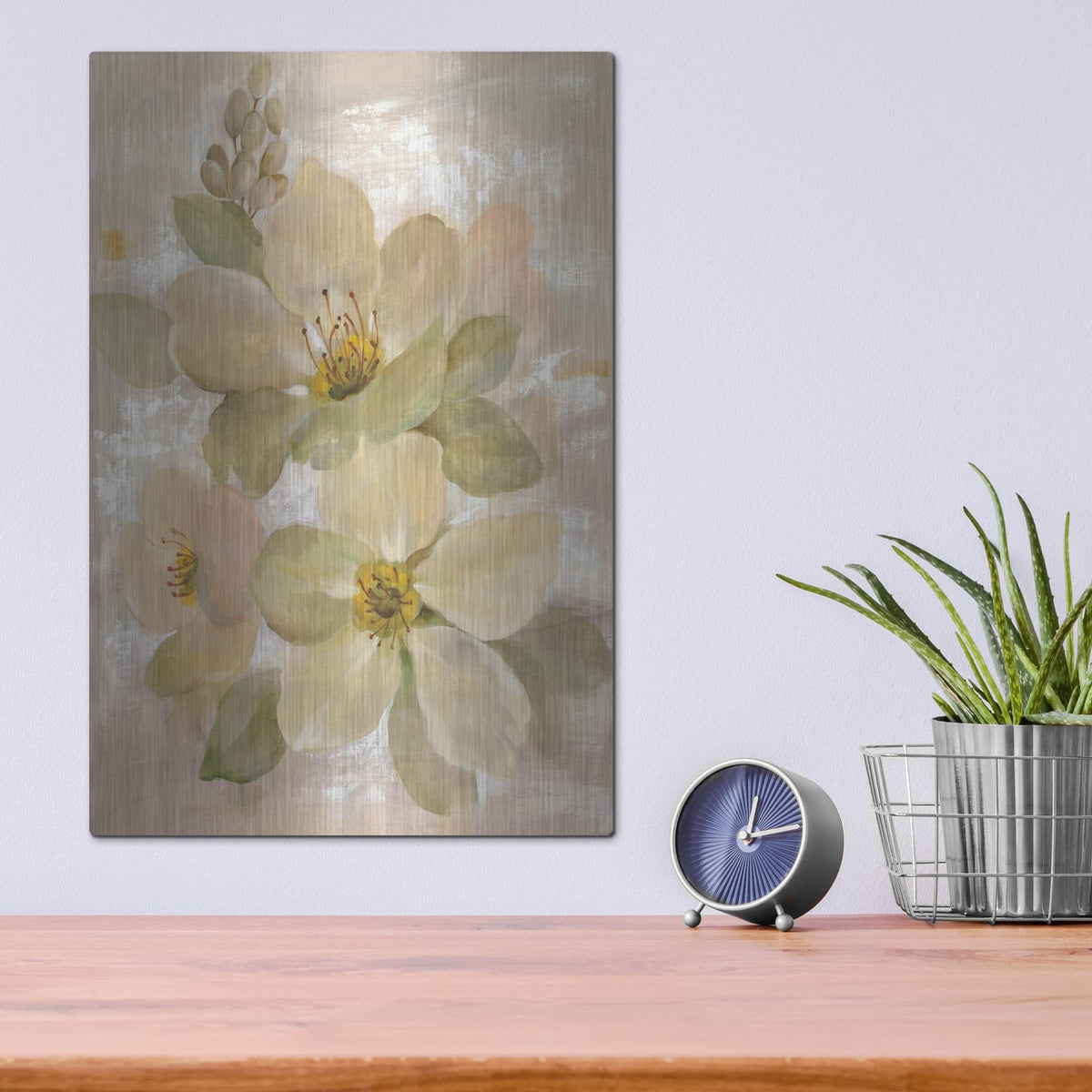 'White on White Floral I' by Silvia Vassileva – Metal Wall Art, 12x16 room view