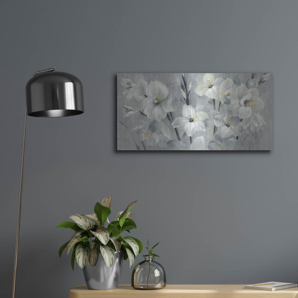 'Flowers on Gray' by Silvia Vassileva – Metal Wall Art, 24x12 room view